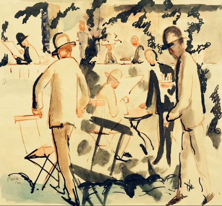 Kunstdruck des Gemäldes „Kaffeehaus-Terrasse“ von August Macke. Hochwertig in Deutschland von Hand gefertigt, erhältlich als Leinwand oder Poster sowie optional gerahmt.