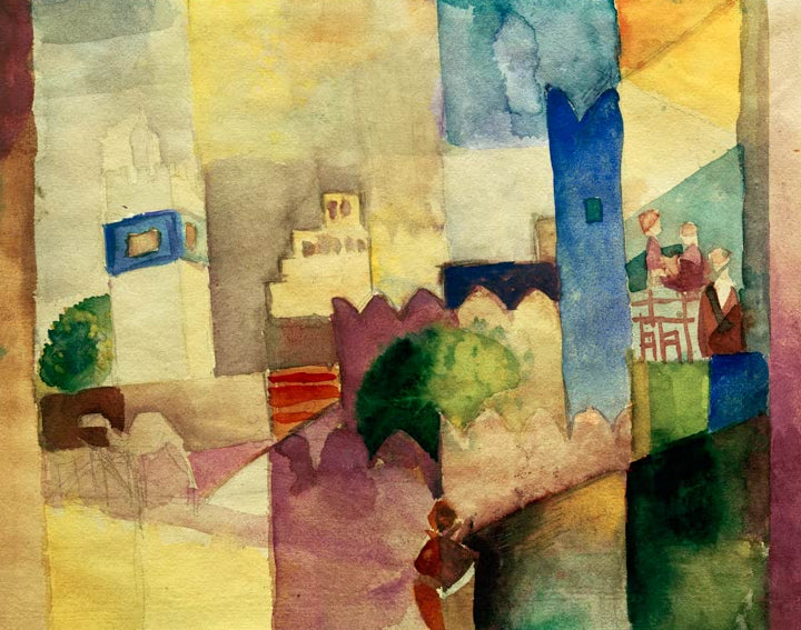 Kunstdruck des Gemäldes „Kairouan III“ von August Macke. Hochwertig in Deutschland von Hand gefertigt, erhältlich als Poster oder Leinwand und optional gerahmt.
