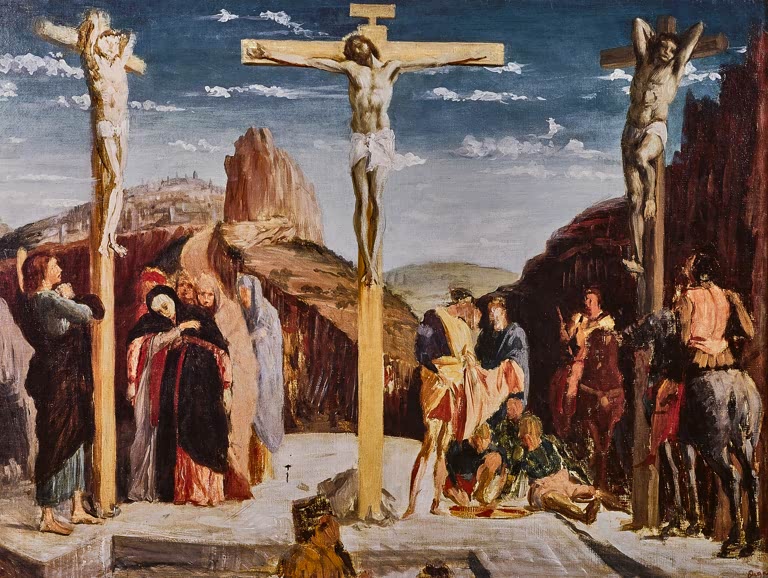 Kunstdruck des Gemäldes Kalvarienberg von Edgar Degas mit einer religiösen Darstellung des Kreuzigungsortes Christi.