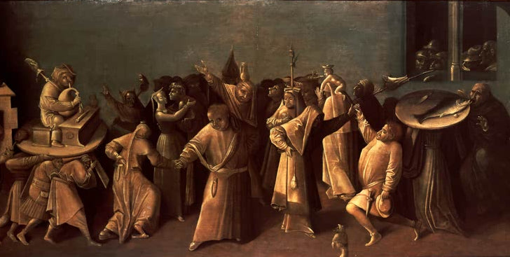 Kunstdruck „Kampf des Karnevals mit dem Fasten“ von Hieronymus Bosch mit allegorischer Szene und vielen Figuren