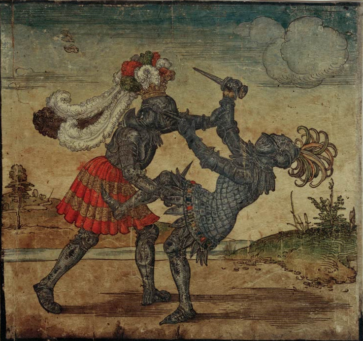Kunstdruck von „Kampf zu Fuß mit Dolchen“ von Albrecht Dürer und Hans Schönsperger. Detailreiche Renaissance-Darstellung eines Fechtkampfes, in Deutschland handgefertigt.
