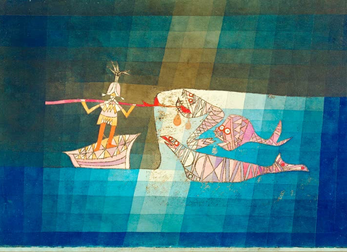 Kunstdruck von „Kampfscene aus der komischphantastischen Oper Der Seefahrer“ von Paul Klee mit fantasievoller, abstrakter Szenendarstellung.
