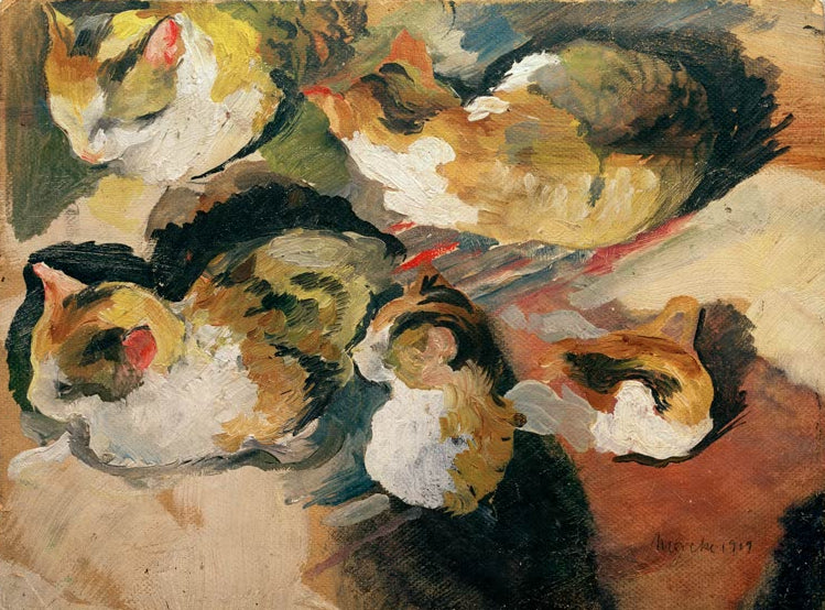 Kunstdruck des Gemäldes „Katzenstudien“ von August Macke. Hochwertig in Deutschland von Hand gefertigt, erhältlich als Leinwand oder Poster und optional gerahmt.