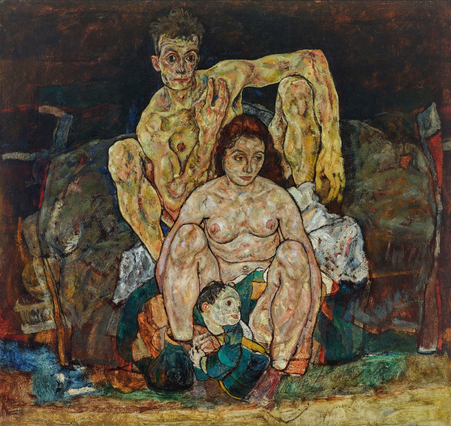 Das Gemälde "Kauerndes Menschenpaar (Die Familie)" von Egon Schiele zeigt ein Paar, das in einer engen, aber gleichzeitig distanzierten Haltung zusammen sitzt. Die beiden Figuren, mit betonten, kantigen Formen, sind in einer Position der Intimität und Isolation zugleich. Schieles charakteristische Verwendung von kräftigen Linien und unkonventionellen Körperverhältnissen unterstreicht die emotionale Spannung und das komplexe Verhältnis zwischen Nähe und Entfremdung. Das Bild reflektiert die Themen der mensch