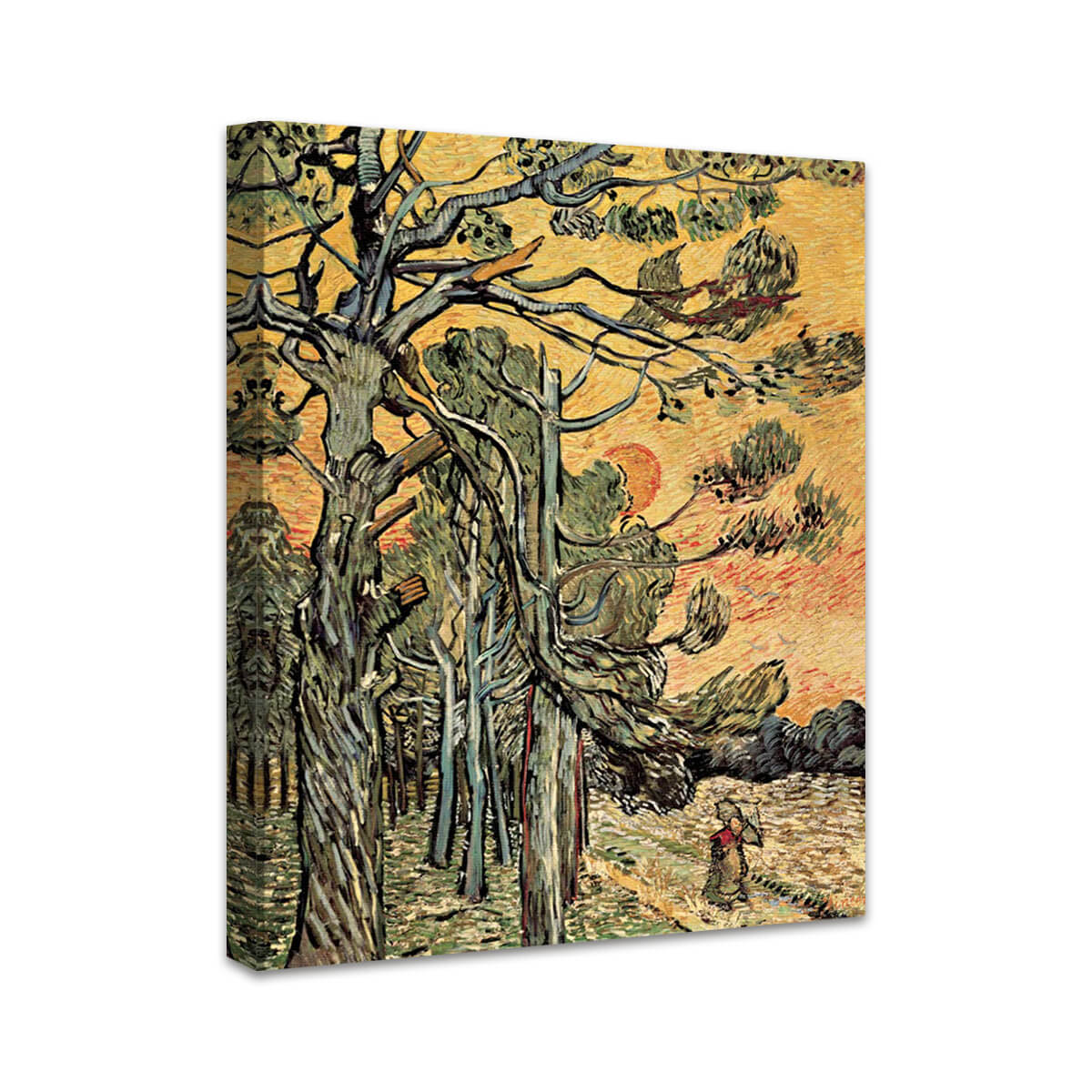 Kiefern mit untergehender Sonne und weiblicher Figur | Vincent van Gogh