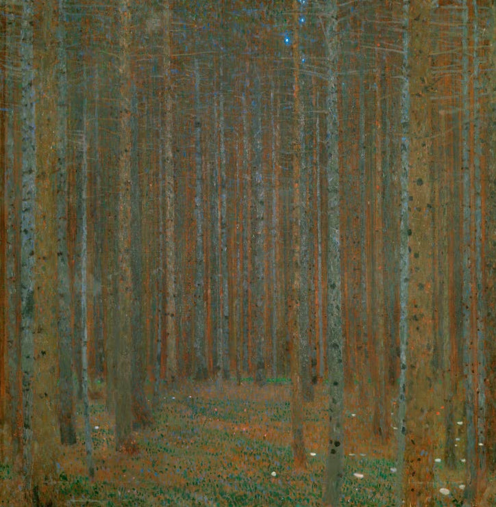 Kunstdruck des Gemäldes „Kiefernwald“ von Gustav Klimt – hochwertige Reproduktion einer stimmungsvollen Waldlandschaft.