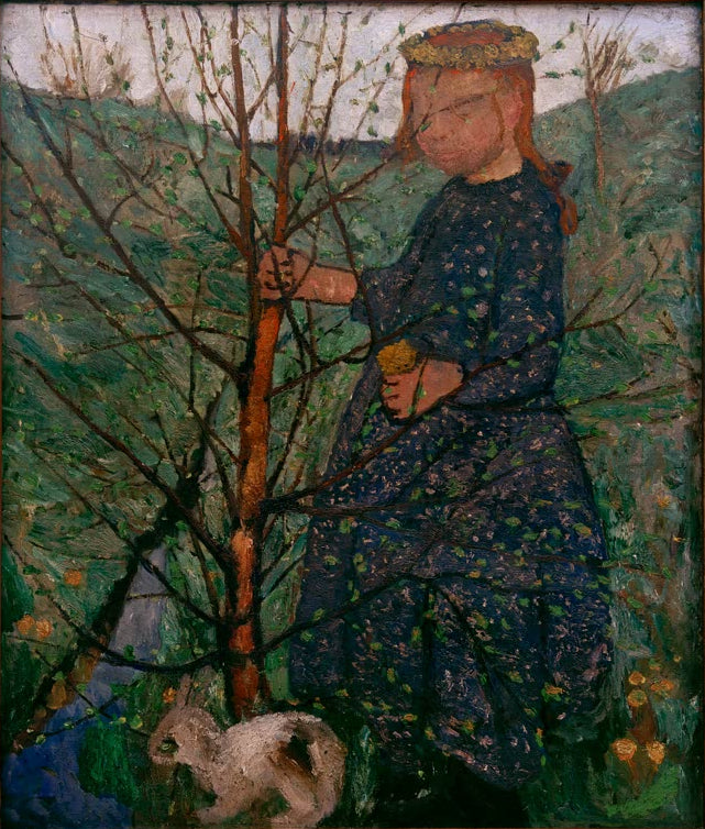 Kunstdruck von „Kind mit Kaninchen“ von Paula Modersohn-Becker. Ausdrucksstarke Kinderdarstellung mit Tiermotiv und charakteristischer Farbgebung, in Deutschland handgefertigt.