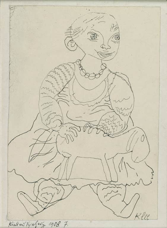 Kunstdruck „Kind mit Spielzeug“ von Paul Klee mit abstrahiertem Kind und stilisierten Spielzeugmotiven