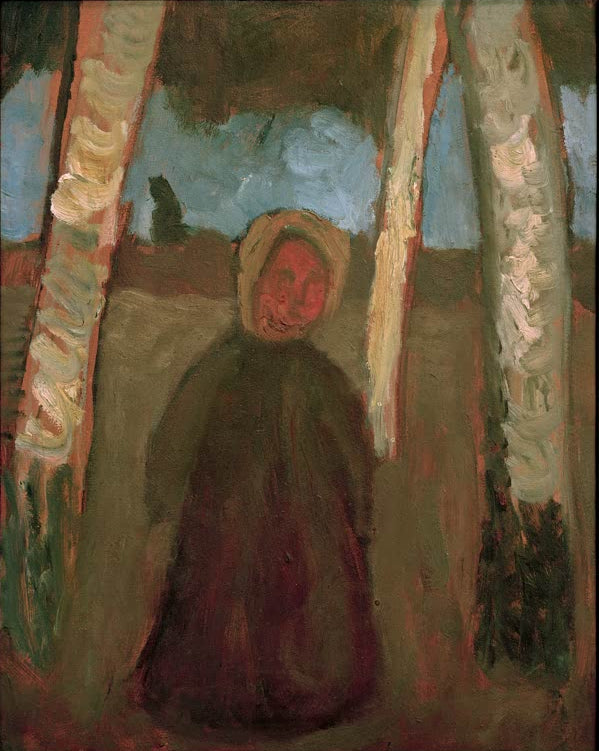 Kunstdruck von „Kind unter Birken“ von Paula Modersohn-Becker. Ausdrucksstarke Kinderdarstellung in einer Birkenlandschaft mit harmonischer Farbgebung, in Deutschland handgefertigt.