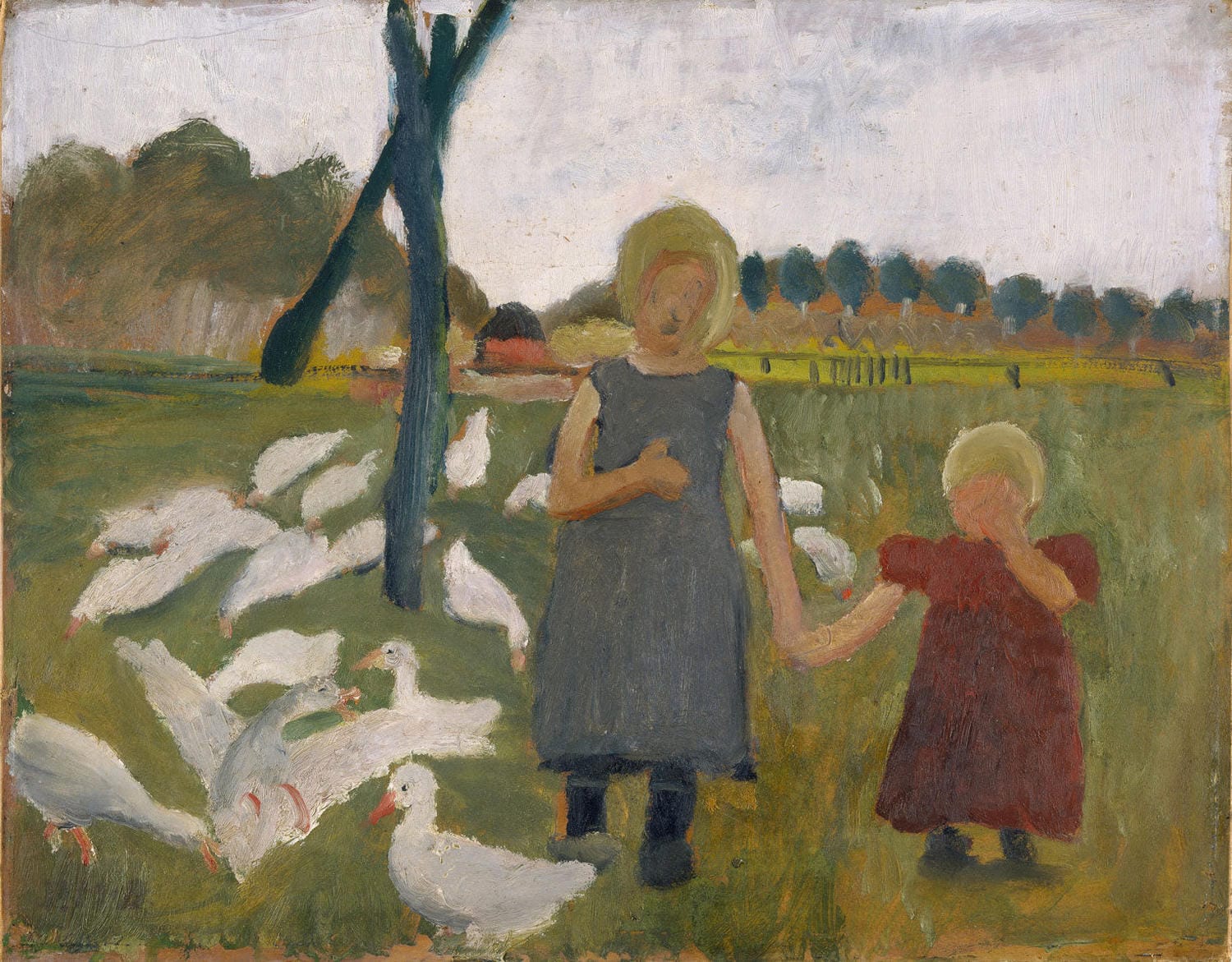 Kinder mit Gänsen von Paula Modersohn-Becker – Expressionistisches Gemälde mit Kindern und Gänsen in einer ländlichen Umgebung.