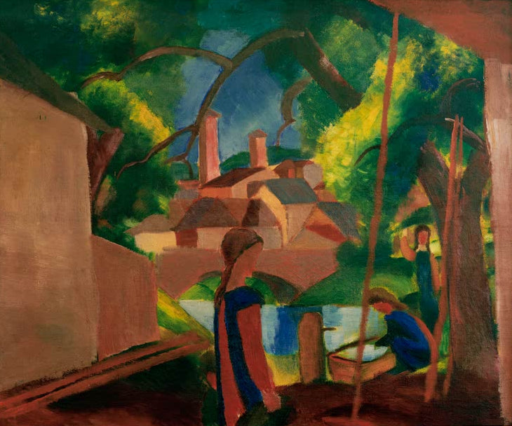 Kunstdruck des Gemäldes „Kinder am Brunnen mit Stadt im Hintergrund“ von August Macke. Hochwertig in Deutschland von Hand gefertigt, erhältlich als Leinwand oder Poster und optional gerahmt.