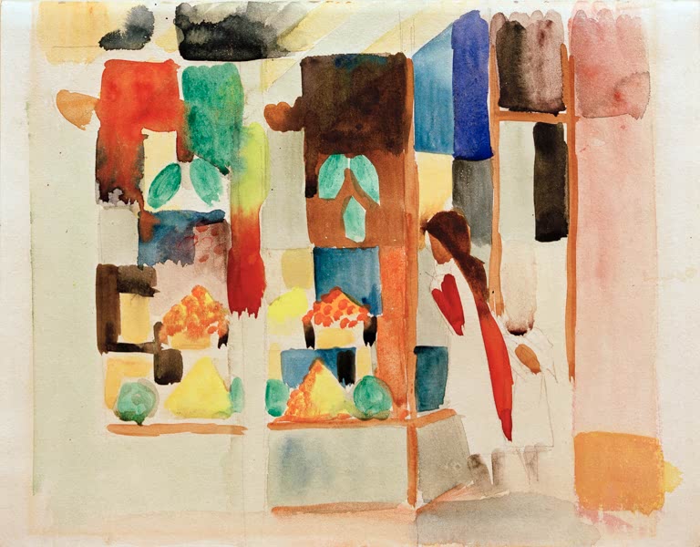 Kunstdruck des Gemäldes „Kinder am Gemüseladen I“ von August Macke. Hochwertig in Deutschland von Hand gefertigt, erhältlich als Poster oder Leinwand und optional gerahmt.