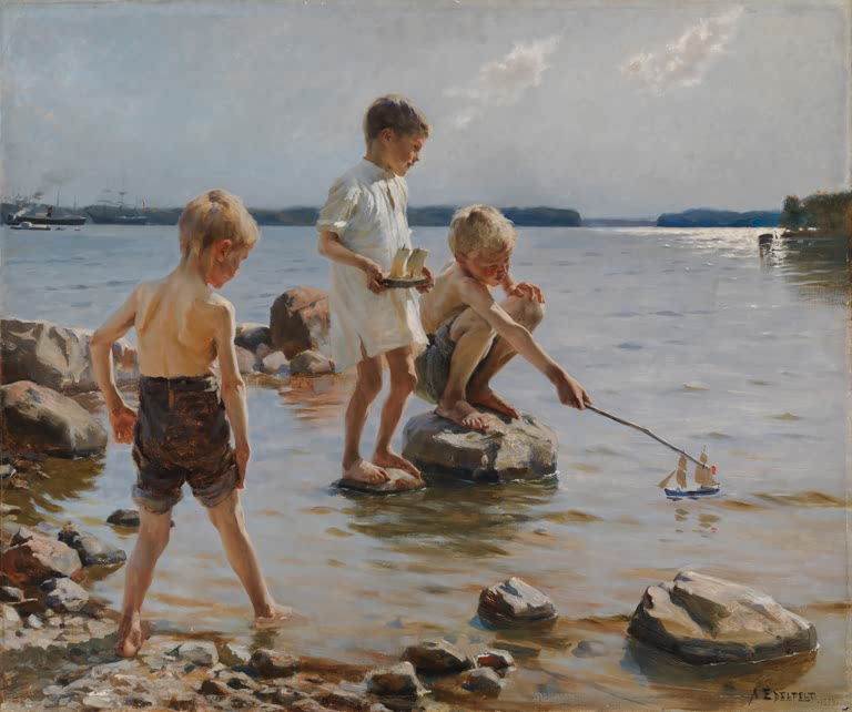 Kunstdruck von „Kinder, die am Ufer spielen“ von Albert Edelfelt mit spielenden Kindern am Wasser und heller Sommerstimmung