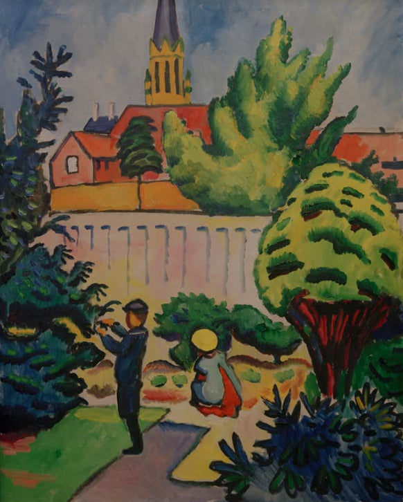 Kunstdruck des Gemäldes „Kinder im Garten“ von August Macke. Hochwertig in Deutschland von Hand gefertigt, erhältlich als Poster oder Leinwand und optional gerahmt.