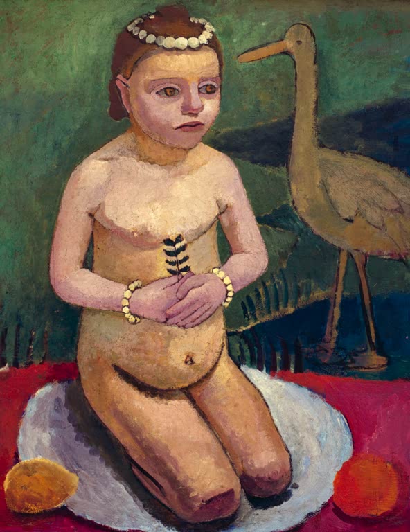 Kunstdruck von „Kinderakt mit Storch“ von Paula Modersohn-Becker. Ausdrucksstarke Figurenstudie mit Tiermotiv und charakteristischer Farbgebung, in Deutschland handgefertigt.