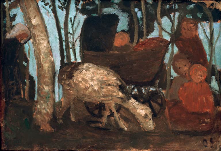 Kunstdruck von Kinderwagen mit Ziege und Kindern von Paula Modersohn-Becker – idyllische Szene mit Kindern und Ziege als hochwertiger Kunstdruck.