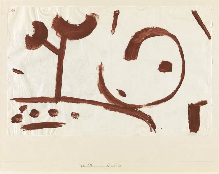Kunstdruck „Kindheit“ von Paul Klee mit abstrakter Komposition und kindlich wirkenden Formen und Farben