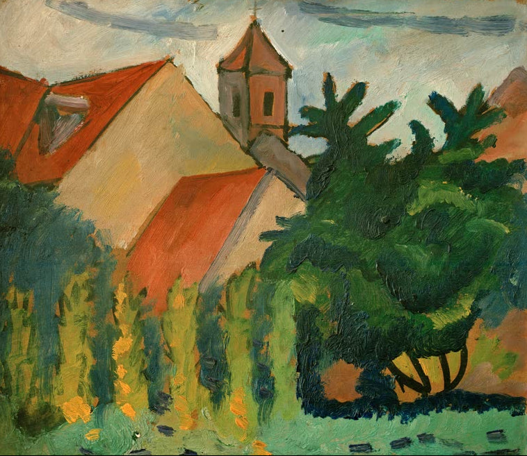 Kunstdruck des Gemäldes „Kirche in Kandern“ von August Macke. Hochwertig in Deutschland von Hand gefertigt, erhältlich als Leinwand oder Poster und optional gerahmt.