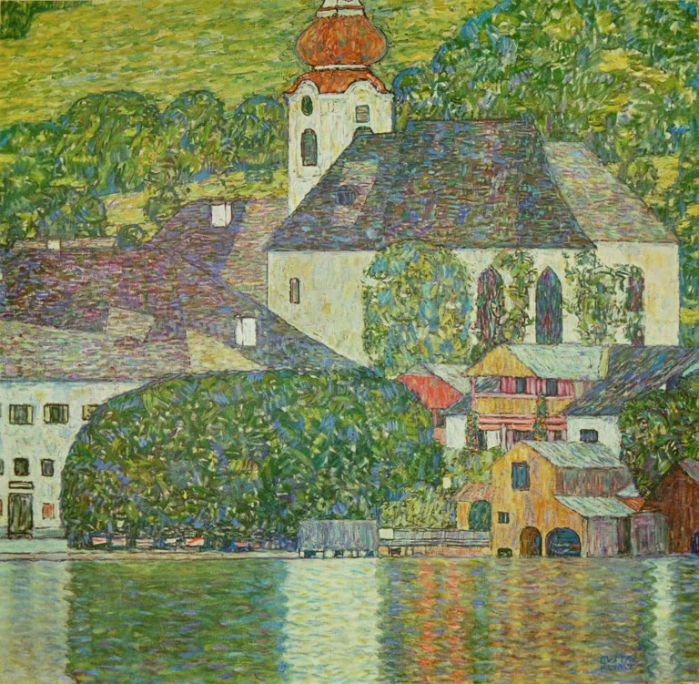 Kunstdruck des Gemäldes „Kirche in Unterach am Attersee“ von Gustav Klimt – hochwertige Reproduktion der idyllischen Landschaft am Attersee.