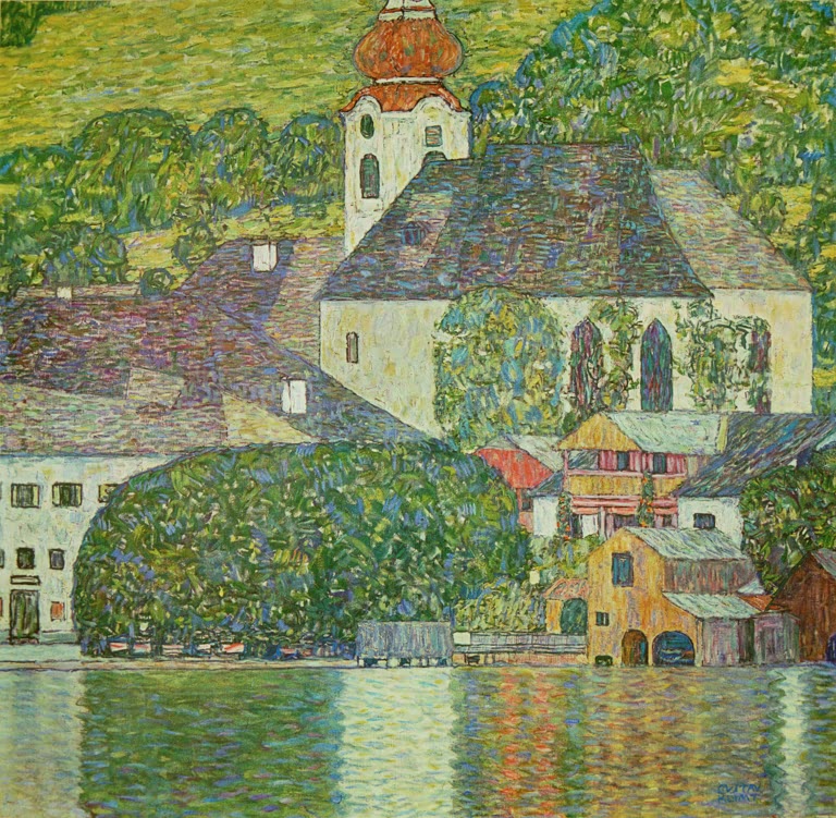 Kunstdruck des Gemäldes „Kirche in Unterach am Attersee“ von Gustav Klimt – hochwertige Reproduktion der idyllischen Landschaft mit Kirche und See.