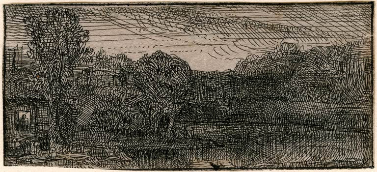 Kunstdruck „Kleine graue Landschaft: Ein Haus und Bäume neben einem Teich“ von Rembrandt van Rijn