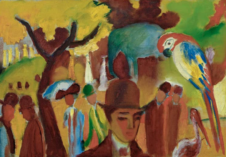 Kunstdruck des Gemäldes „Kleiner Zoologischer Garten in Braun und Gelb“ von August Macke. Hochwertig in Deutschland von Hand gefertigt, erhältlich als Leinwand oder Poster und optional gerahmt.