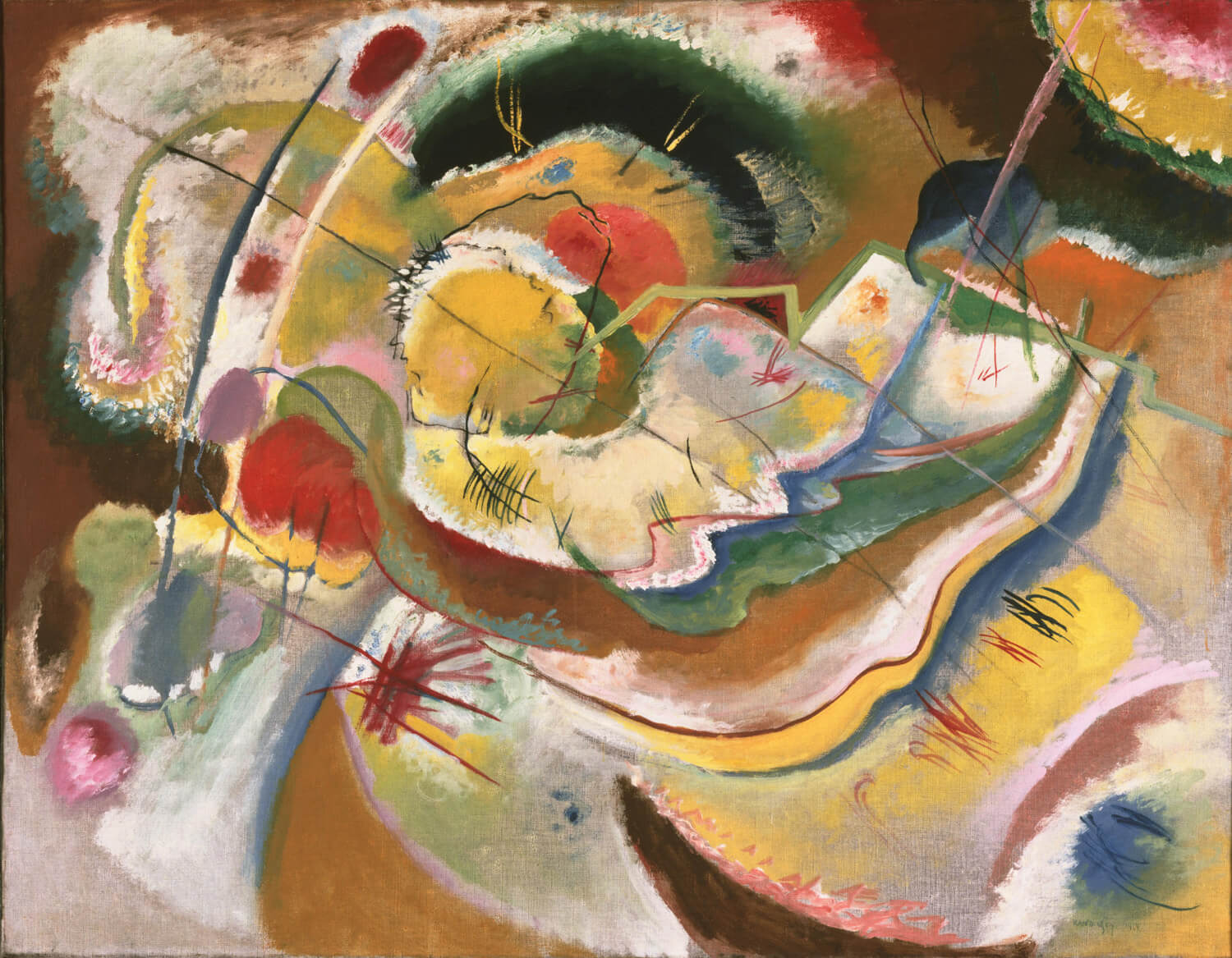 Abstraktes Gemälde von Wassily Kandinsky mit dynamischen Formen, kräftigen Farben und dominierenden Gelbtönen im expressionistischen Stil.