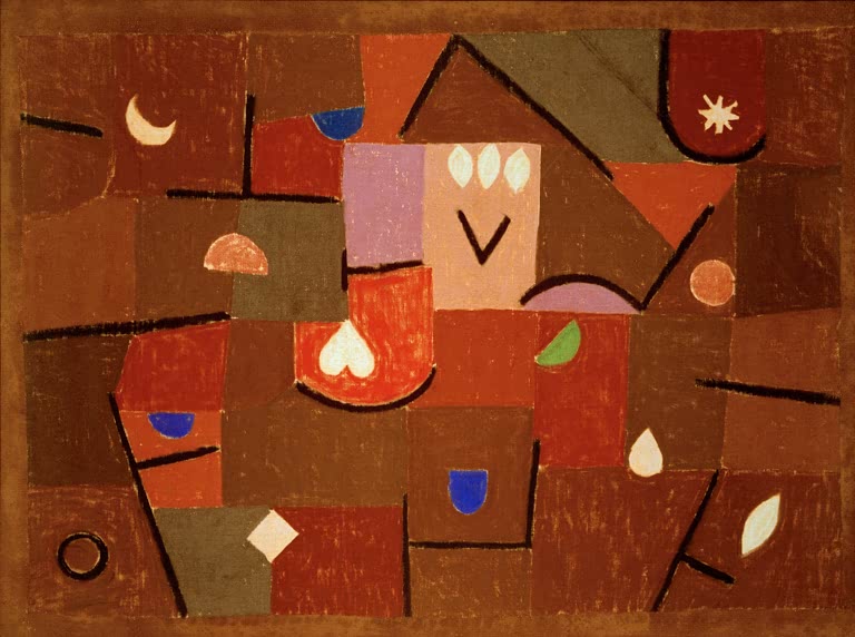 Kunstdruck „Kleinode“ von Paul Klee mit abstrakter Komposition aus feinen Formen und farbigen Elementen

