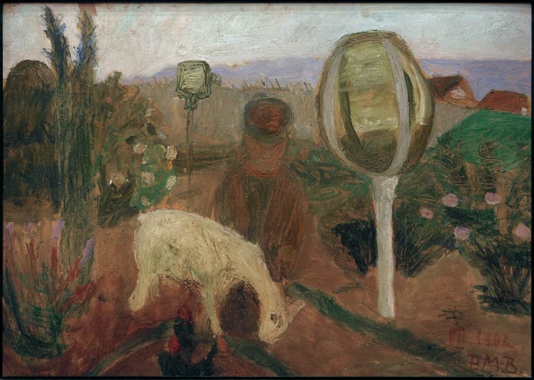 Kunstdruck von Knabe mit grasender Ziege im Bauerngarten mit Glaskugeln von Paula Modersohn-Becker – idyllische Gartenszene als hochwertiger Kunstdruck.