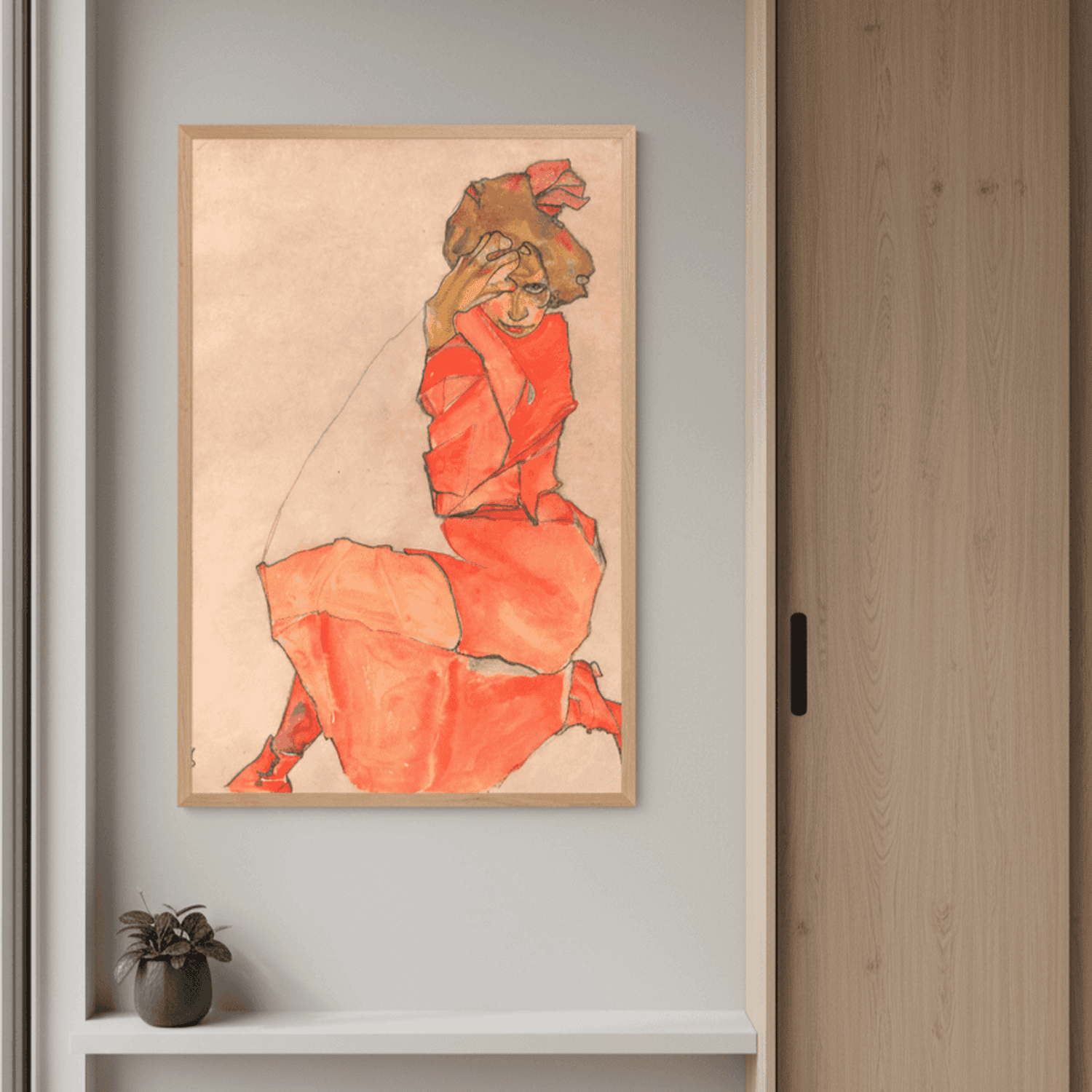 Kniende in orange-rotem Kleid | Egon Schiele