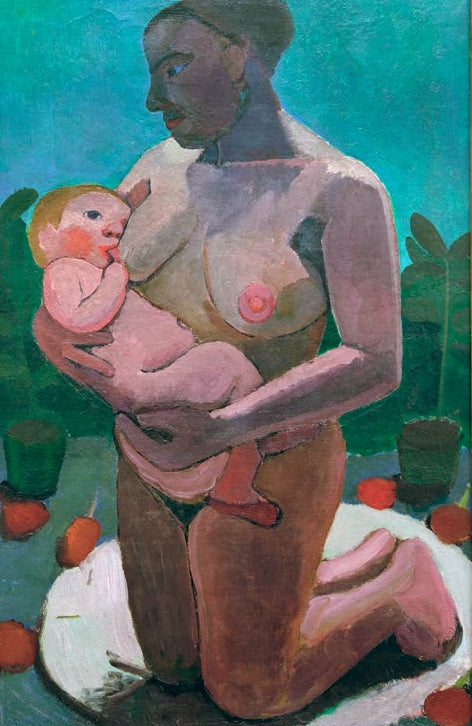 Kunstdruck des Gemäldes Kniende Mutter mit Kind an der Brust von Paula Modersohn-Becker mit einer knienden Mutter, die ihr Kind im Arm hält.