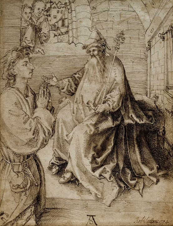 Kunstdruck „Kniender Jüngling vor einem Richter oder Herrscher“ von Albrecht Dürer mit historischer Figurenszene