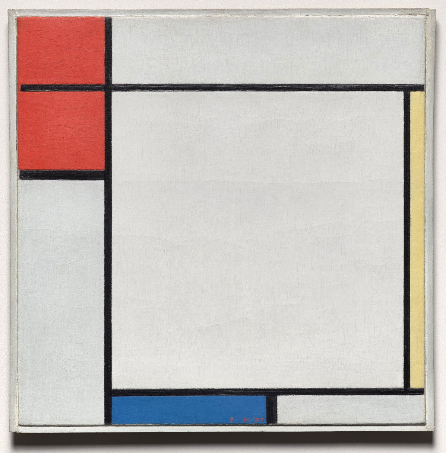 "Komposition mit Rot, Gelb und Blau" von Piet Mondrian zeigt ein abstraktes Design mit klaren geometrischen Linien und leuchtenden Farben. Das Gemälde ist ein Beispiel des Neoplastizismus, das einfache Formen und Primärfarben nutzt, um Harmonie und Balance auszudrücken.
