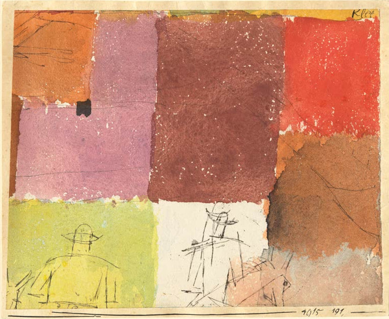 Kunstdruck von „Komposition mit Figuren“ von Paul Klee mit abstrakten Figuren und harmonischer Farb- und Formgestaltung.