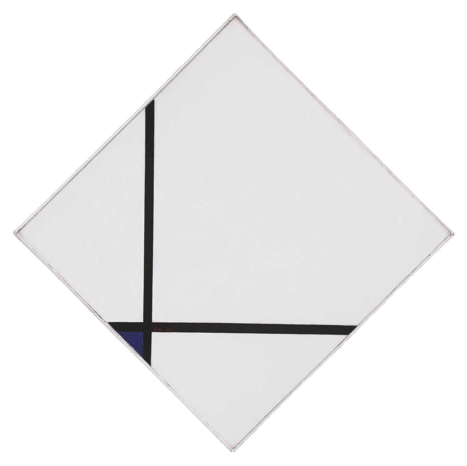 Abstrakte Komposition aus schwarzen Linien und farbigen Flächen, dominiert von Blau, Weiß, Rot und Gelb, im typischen geometrischen Stil von Piet Mondrian.