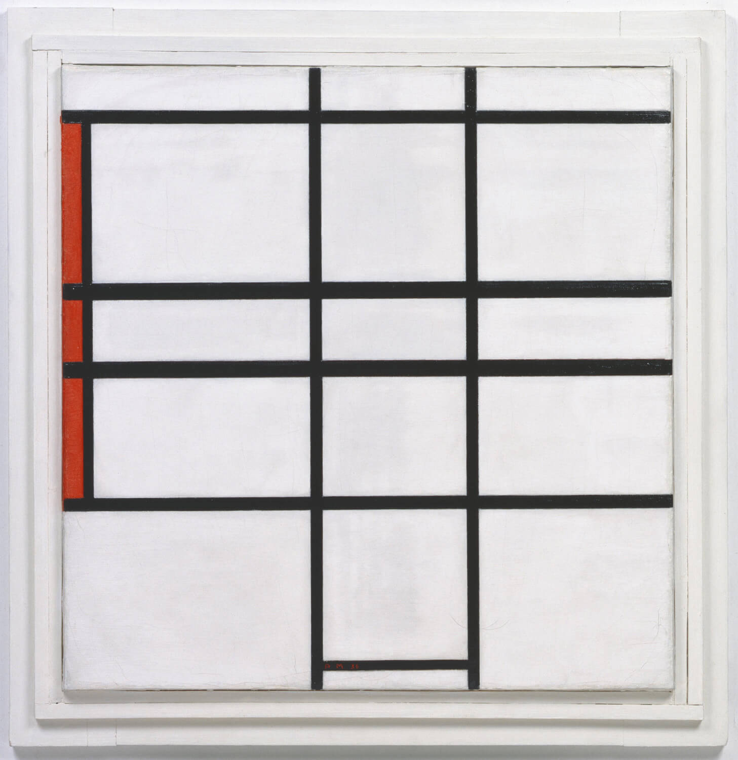 Abstrakte Komposition mit schwarzen Linien und rechteckigen Farbflächen in Weiß und Rot im typischen geometrischen Stil von Piet Mondrian.