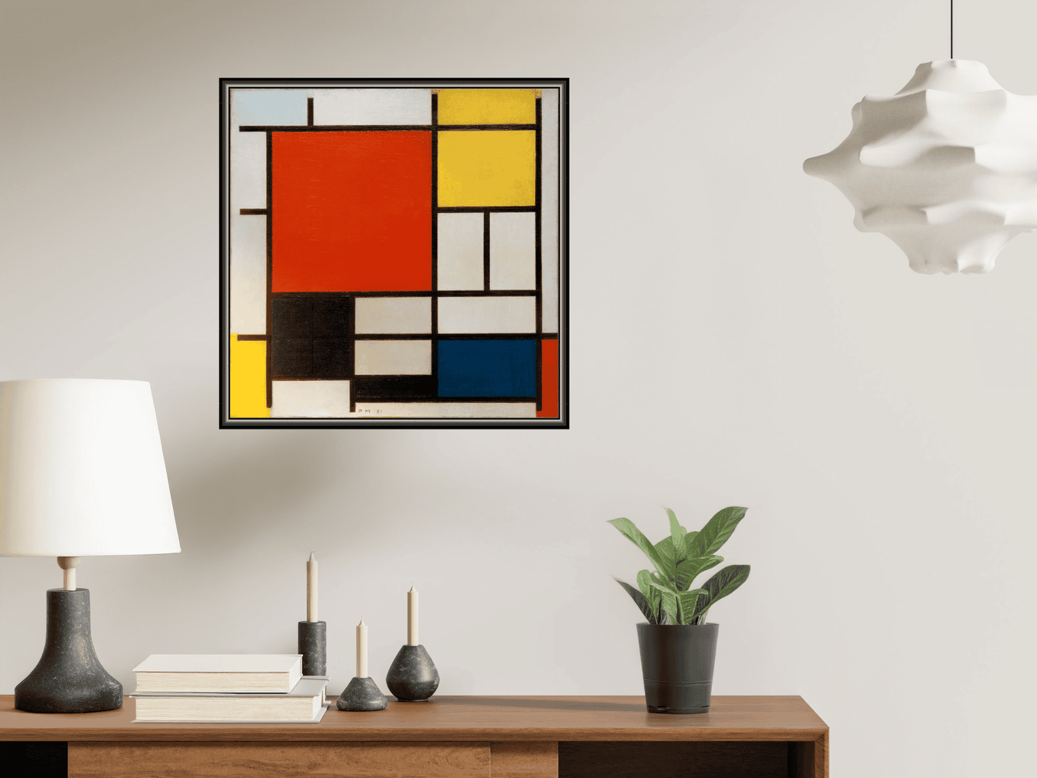 Komposition mit großer roter Fläche, Gelb, Schwarz, Grau und Blau | Piet Mondrian