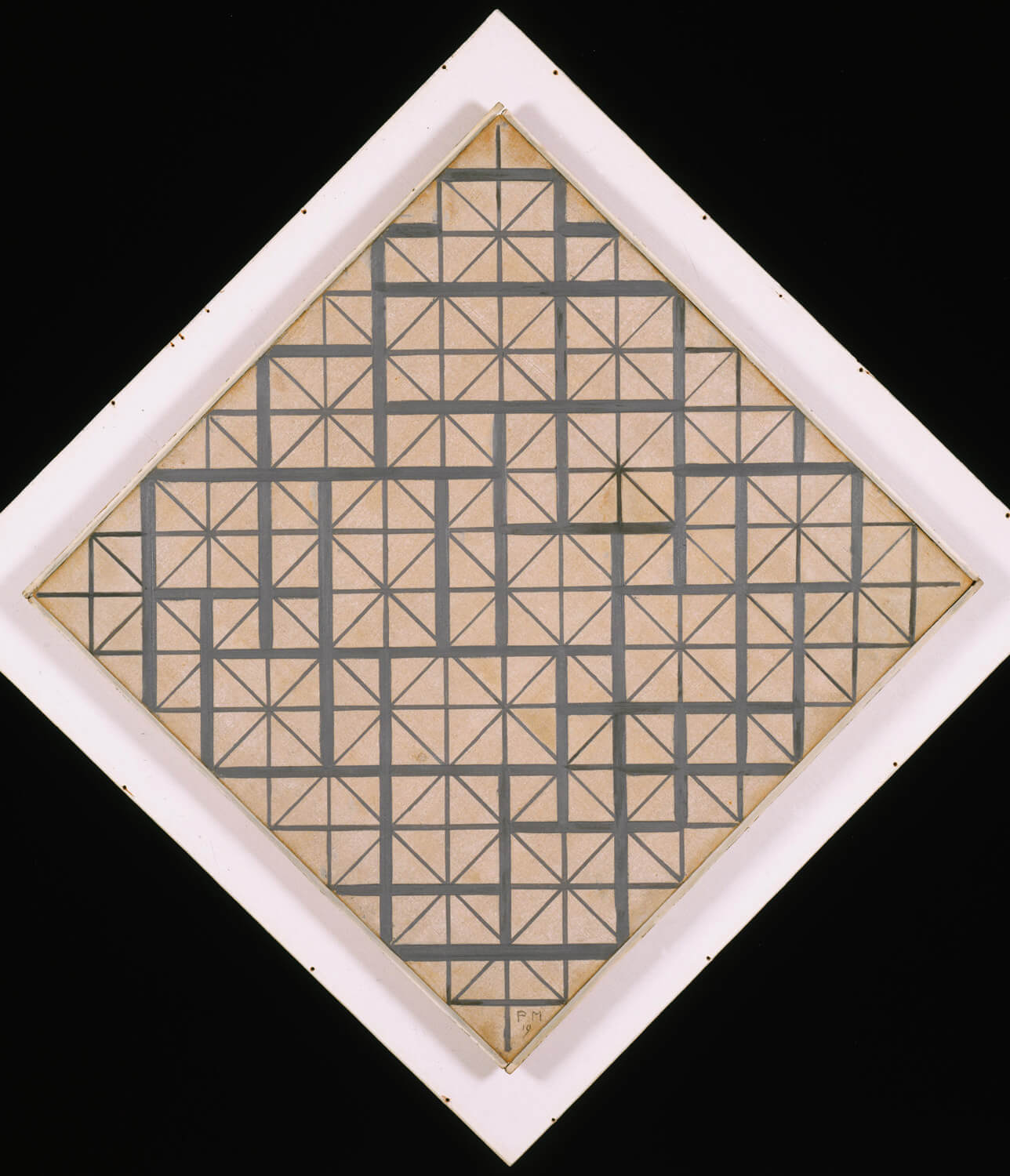 Abstrakte Komposition aus schwarzen, grauen und weißen Flächen mit geometrischer Anordnung im typischen Stil von Piet Mondrian.