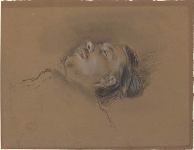 Kunstdruck des Gemäldes „Kopf des gestürzten Jockeys (Studie für ‚Szene vom Hindernisrennen: Der gestürzte Jockey‘)“ von Edgar Degas, detailgetreu reproduziert und in Deutschland von Hand gefertigt.