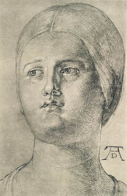 Kunstdruck von „Kopf einer Frau“ von Albrecht Dürer. Fein ausgearbeitetes Frauenporträt der Renaissance mit charakterstarken Details, in Deutschland handgefertigt.