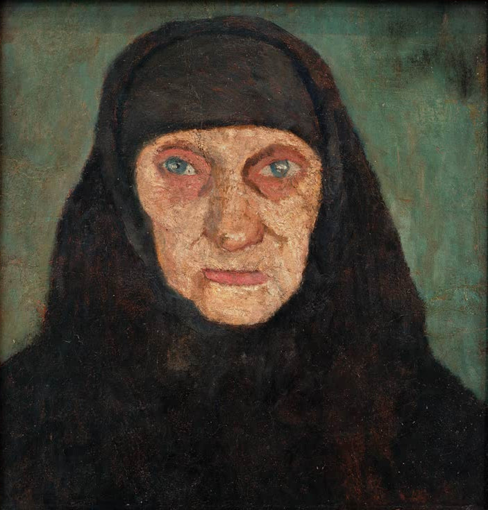 Kunstdruck von Kopf einer alten Frau mit schwarzem Kopftuch von Paula Modersohn-Becker – ausdrucksstarkes Porträt als hochwertiger Kunstdruck.