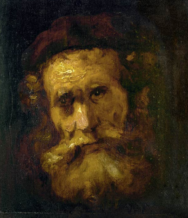 Kunstdruck von Rembrandts Gemälde „Kopf eines Rabbiners“ mit dem eindrucksvollen Porträt eines älteren Mannes.