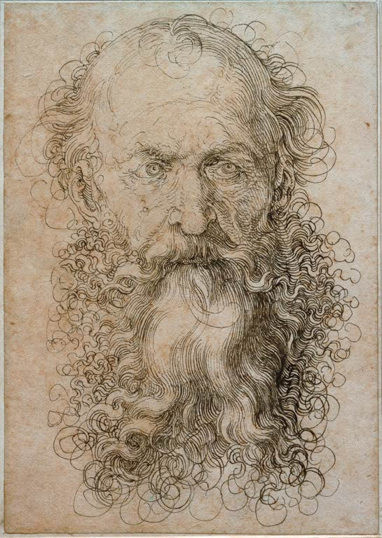 Kunstdruck von „Kopf eines alten Mannes mit langem Bart“ von Albrecht Dürer. Ausdrucksstarke Charakterstudie aus der Renaissance mit feiner Detailzeichnung, in Deutschland handgefertigt.