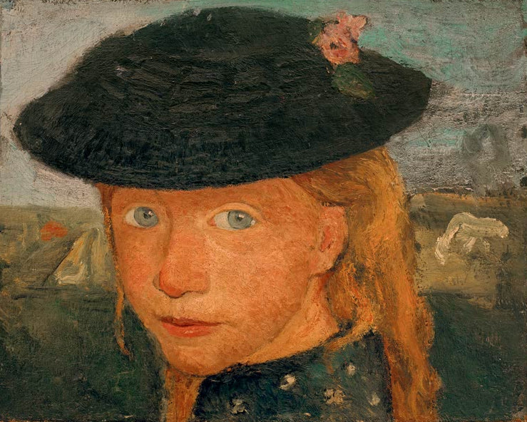 Kunstdruck des Gemäldes Kopf eines kleinen Mädchens mit Strohhut von Paula Modersohn-Becker mit dem Porträt eines kleinen Mädchens, das einen Strohhut trägt.