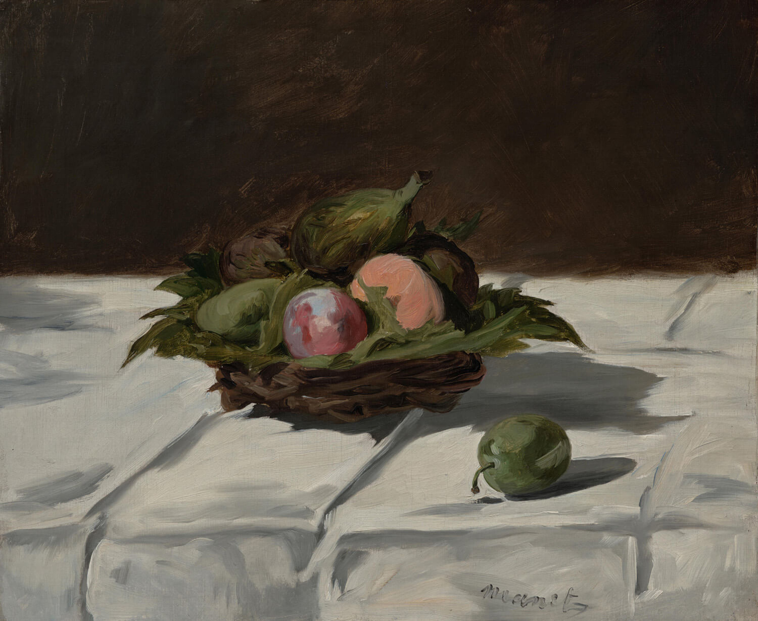 Ein Stillleben von Édouard Manet zeigt einen Korb mit reifen, farbenfrohen Früchten auf einem Tisch. Die natürliche Lichtführung hebt die Texturen von Trauben, Äpfeln und anderen Früchten hervor. Der Hintergrund ist dezent gehalten, wodurch die lebendige Darstellung der Früchte im Mittelpunkt steht.