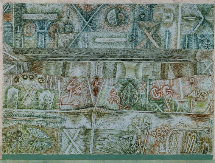 Kunstdruck von „Kosmische Flora“ von Paul Klee mit fantasievoller Pflanzenwelt und abstrakten kosmischen Formen in leuchtenden Farben.