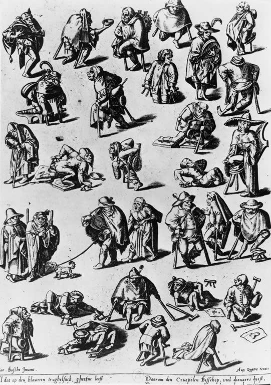 Kunstdruck „Krücken und Prothesen“ von Hieronymus Bosch mit Studien zu Hilfsmitteln und detailreicher Darstellung