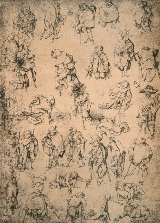 Kunstdruck „Krüppel, Bettler und Bettelmusikanten“ von Hieronymus Bosch mit Figuren aus dem mittelalterlichen Alltag