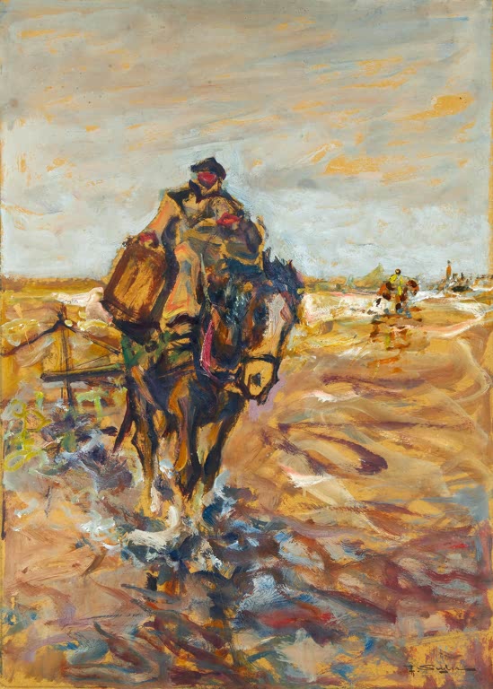Kunstdruck „Krabbenfischer“ von Julius Seyler mit Fischern und Pferden an der Küste
