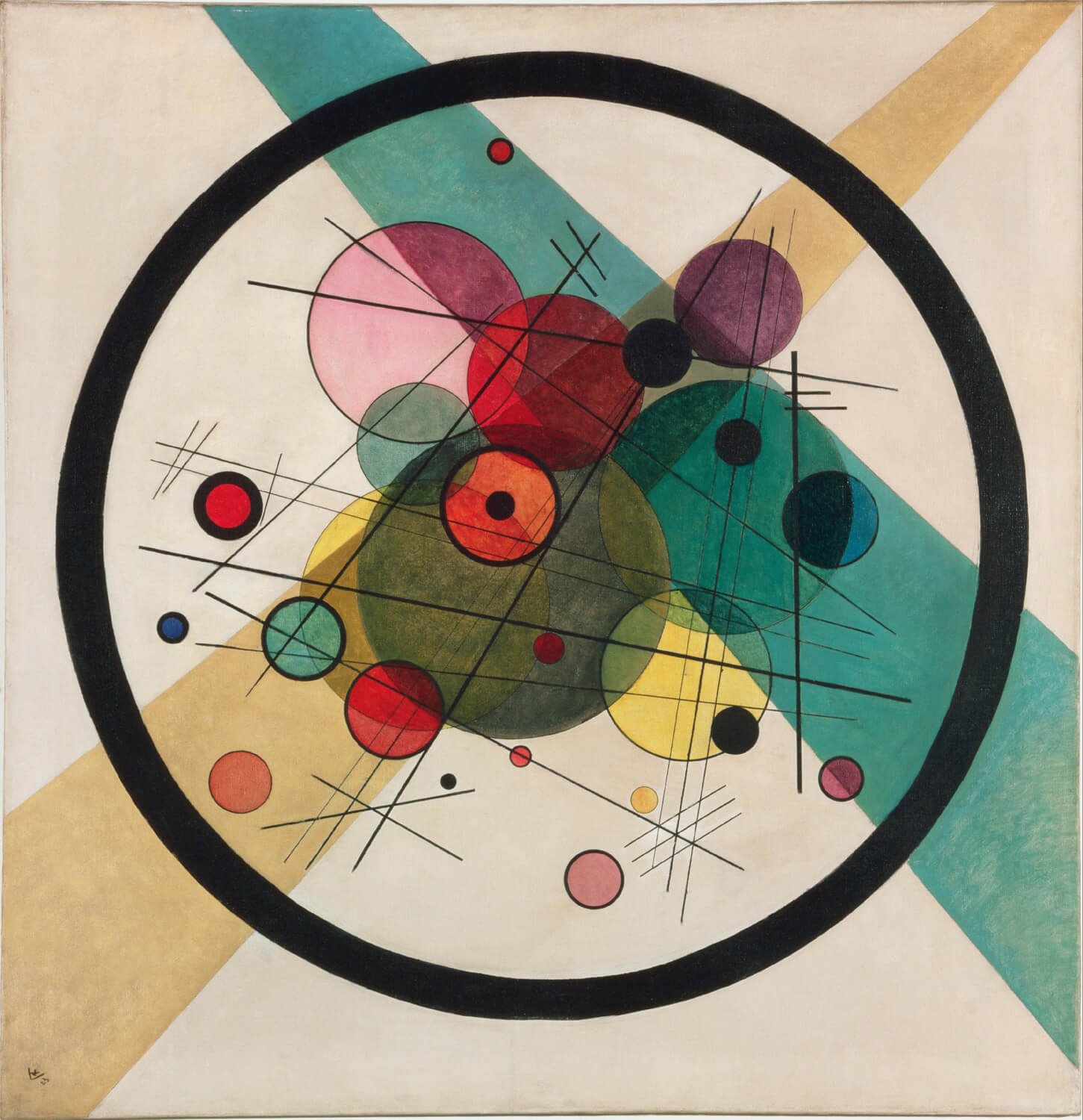 Abstraktes Gemälde von Wassily Kandinsky mit farbigen Kreisen, geometrischen Formen und dynamischen Linien, umschlossen von einem großen schwarzen Kreis.